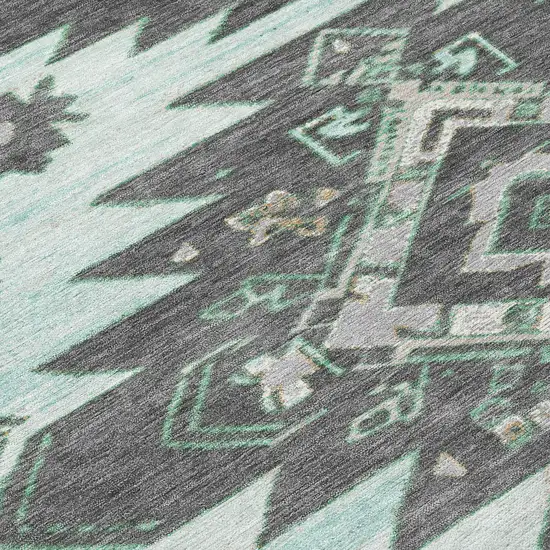 Mint Green And Charcoal Tribal Washable Indoor Outdoor Area Rug Photo 9