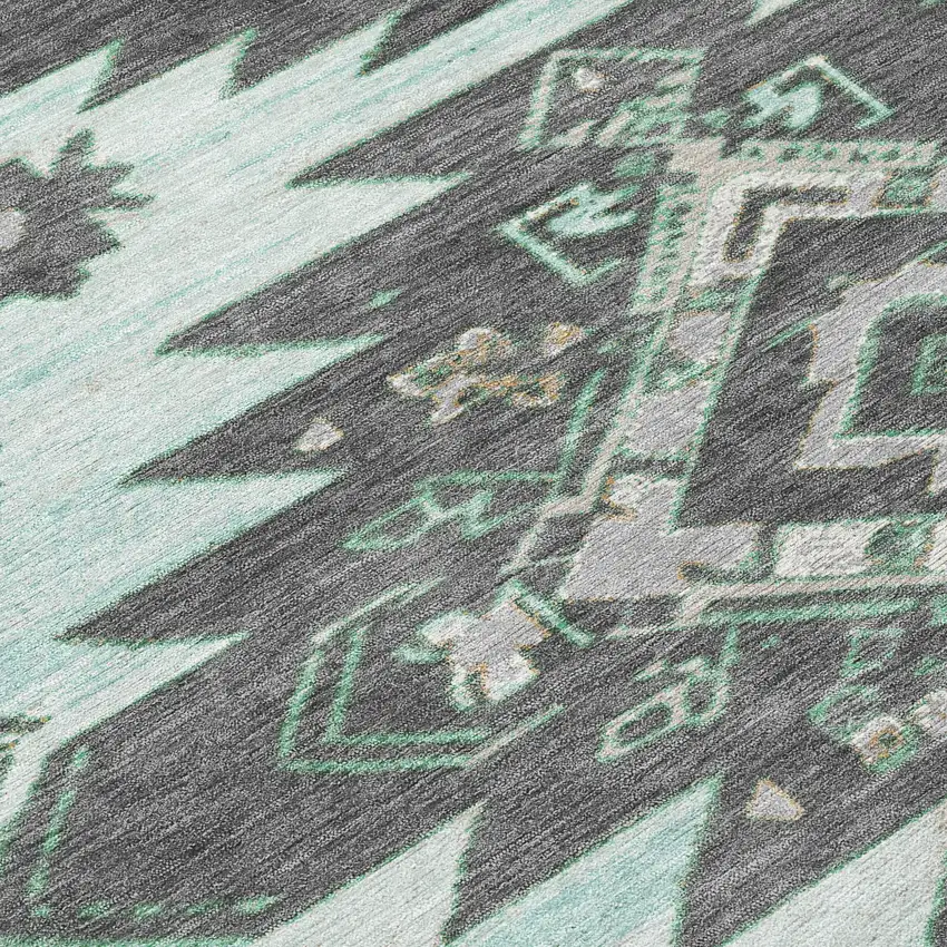 Mint Green And Charcoal Tribal Washable Indoor Outdoor Area Rug Photo 9