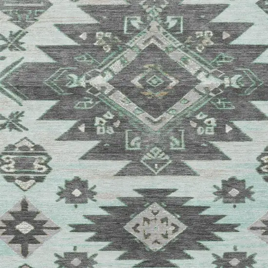 Mint Green And Charcoal Tribal Washable Indoor Outdoor Area Rug Photo 3