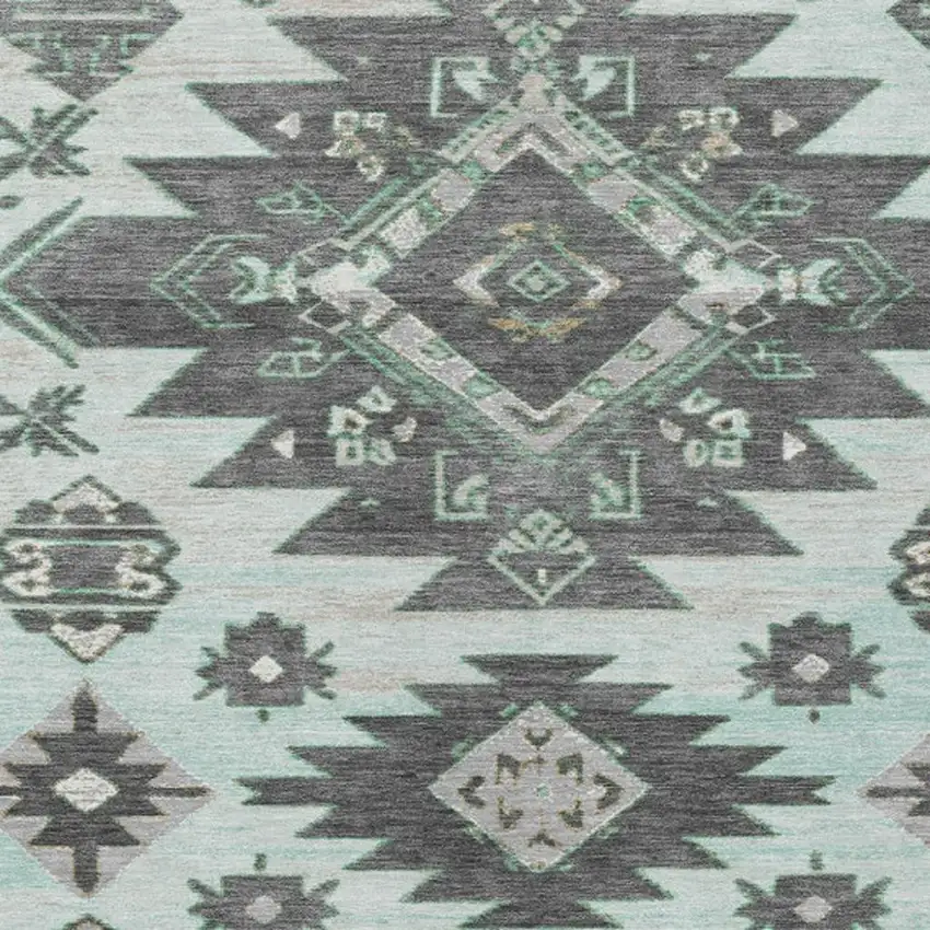 Mint Green And Charcoal Tribal Washable Indoor Outdoor Area Rug Photo 3