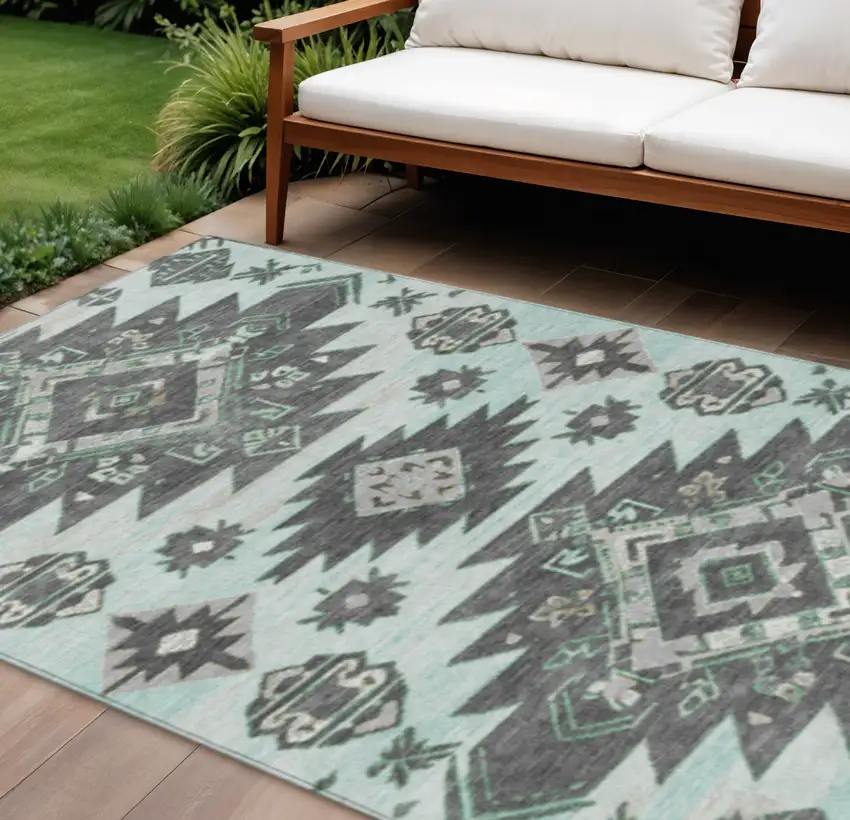 Mint Green And Charcoal Tribal Washable Indoor Outdoor Area Rug Photo 2