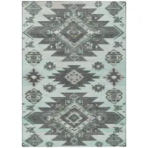 Photo of Mint Green And Charcoal Tribal Washable Indoor Outdoor Area Rug