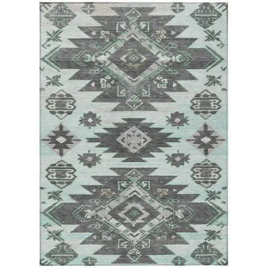 Mint Green And Charcoal Tribal Washable Indoor Outdoor Area Rug Photo 1