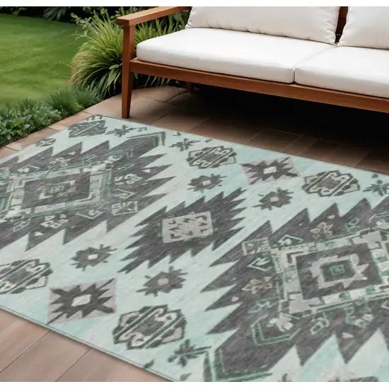 Mint Green And Charcoal Tribal Washable Indoor Outdoor Area Rug Photo 2