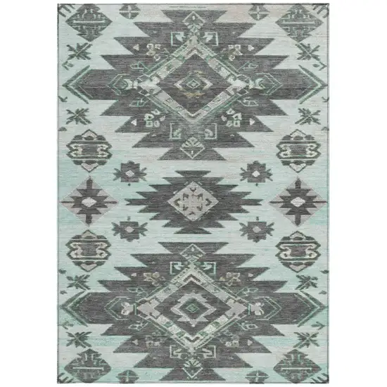 Mint Green And Charcoal Tribal Washable Indoor Outdoor Area Rug Photo 4