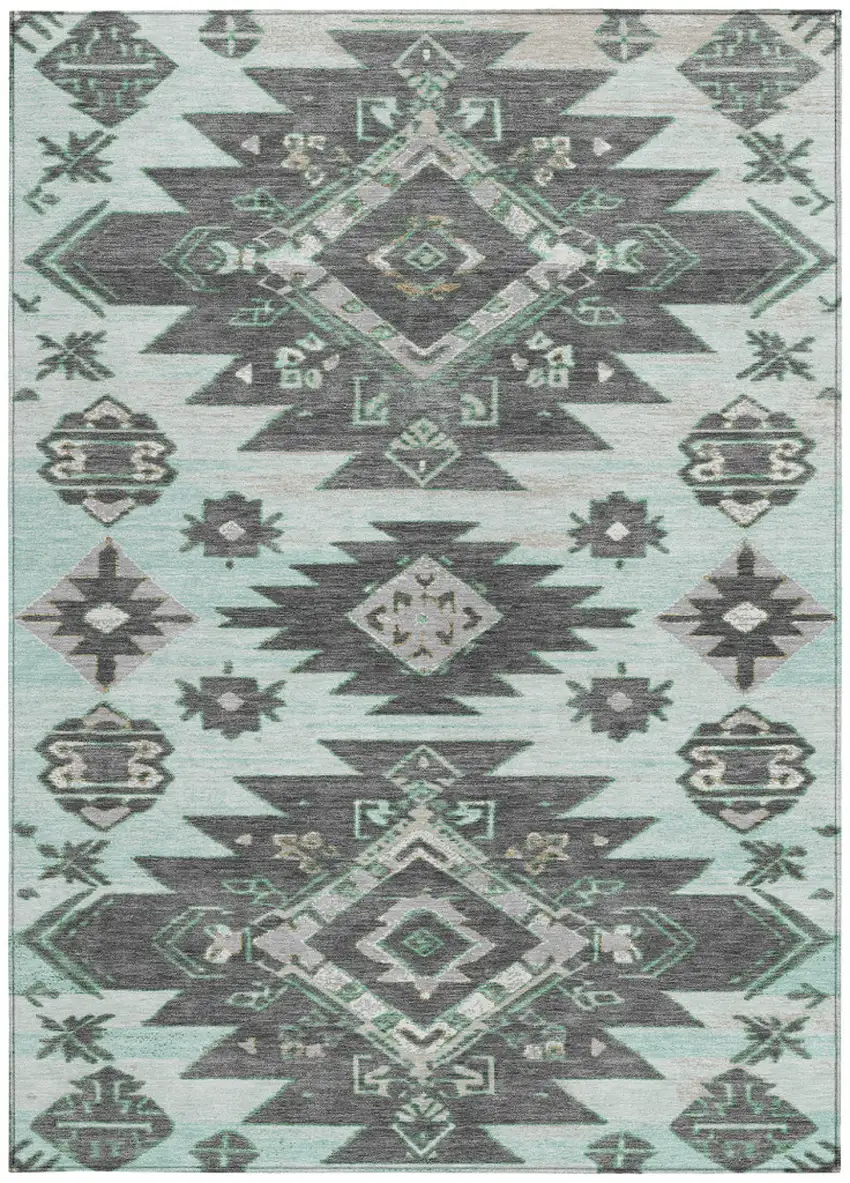 Mint Green And Charcoal Tribal Washable Indoor Outdoor Area Rug Photo 4