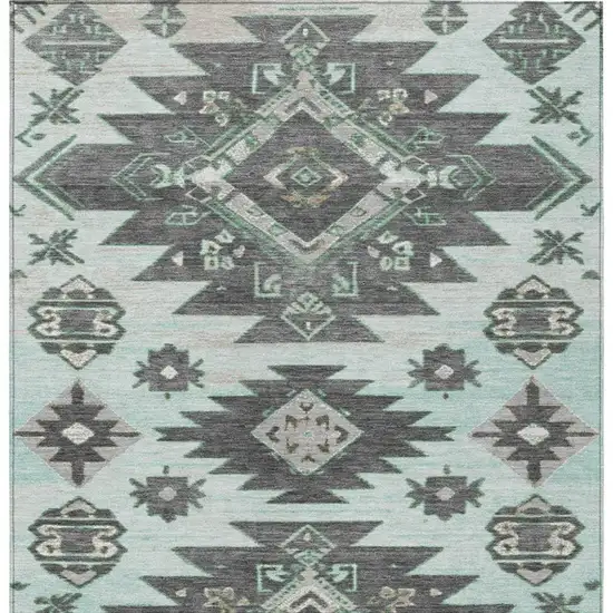 Mint Green And Charcoal Tribal Washable Indoor Outdoor Area Rug Photo 3