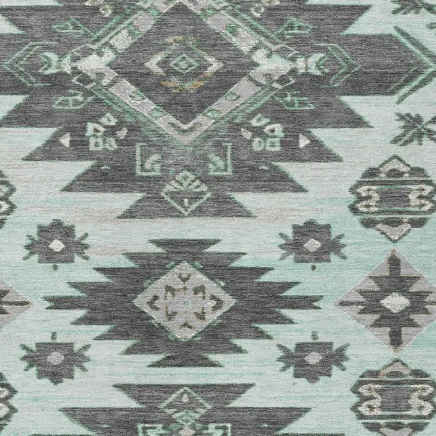 Mint Green And Charcoal Tribal Washable Indoor Outdoor Area Rug Photo 7