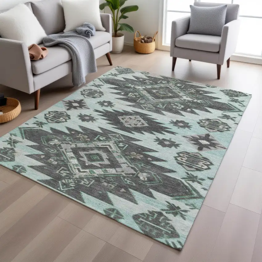 Mint Green And Charcoal Tribal Washable Indoor Outdoor Area Rug Photo 6