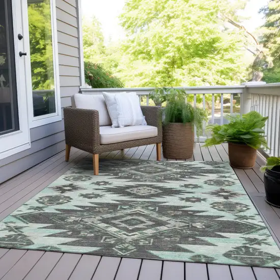 Mint Green And Charcoal Tribal Washable Indoor Outdoor Area Rug Photo 8