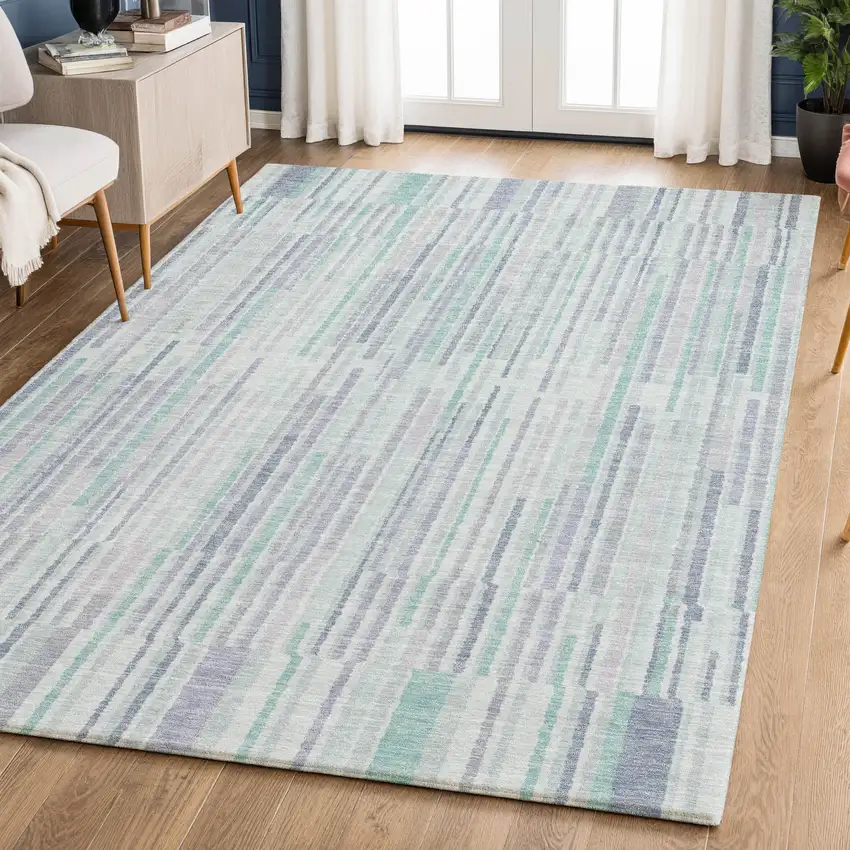 Mint Green And Denim Blue Striped Washable Area Rug With UV Protection Photo 6