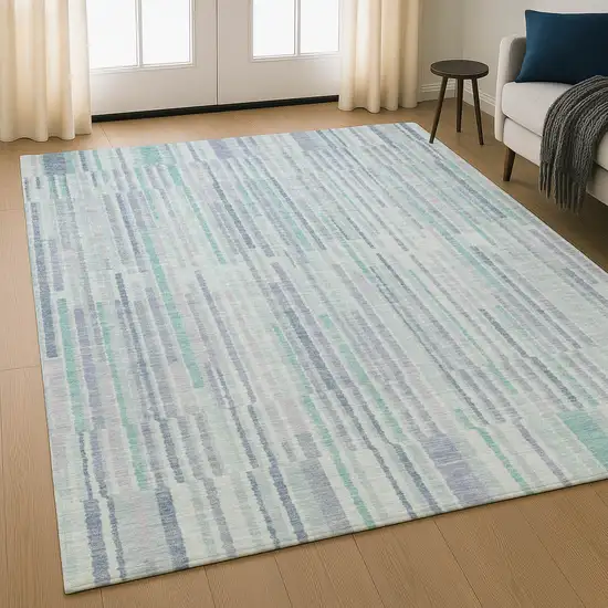 Mint Green And Denim Blue Striped Washable Area Rug With UV Protection Photo 5
