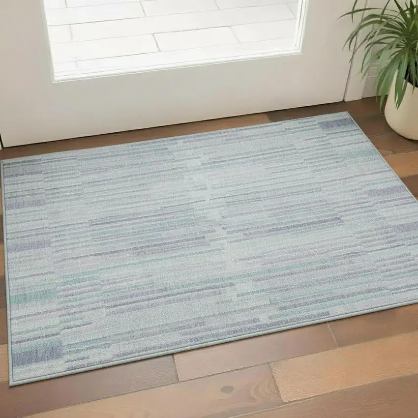 Mint Green And Denim Blue Striped Washable Area Rug With UV Protection Photo 2