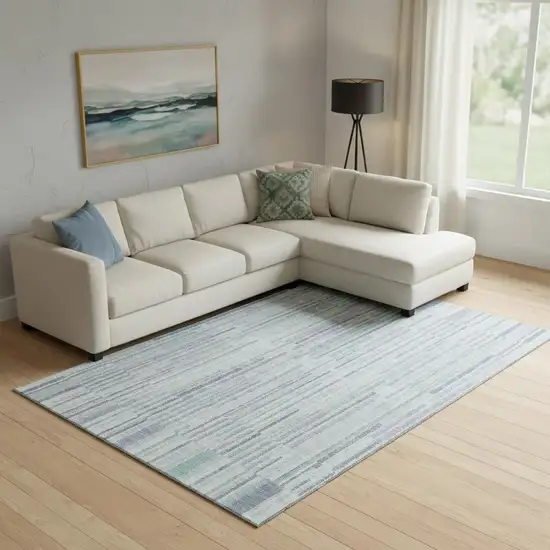 Mint Green And Denim Blue Striped Washable Area Rug With UV Protection Photo 2