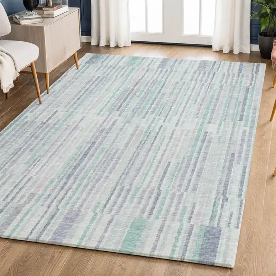 Mint Green And Denim Blue Striped Washable Area Rug With UV Protection Photo 6