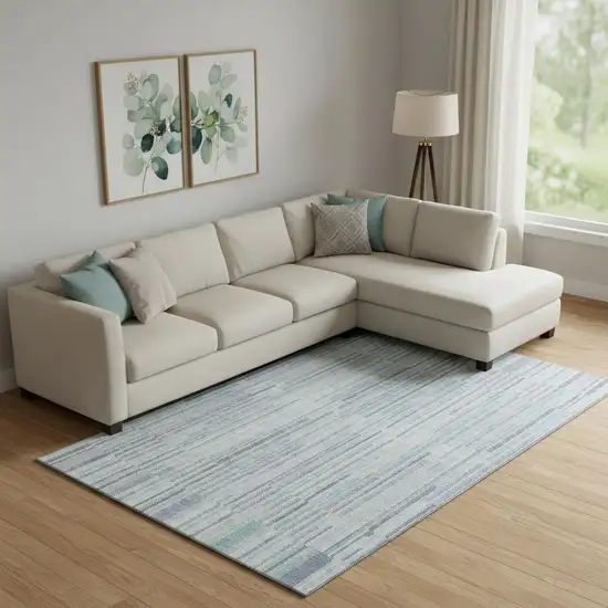 Mint Green And Denim Blue Striped Washable Area Rug With UV Protection Photo 2