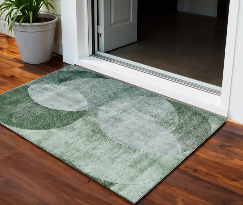 Mint Green And Fern Green Geometric Washable Indoor Outdoor Area Rug Photo 1