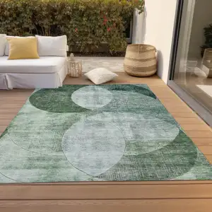 Photo of Mint Green And Fern Green Geometric Washable Indoor Outdoor Area Rug