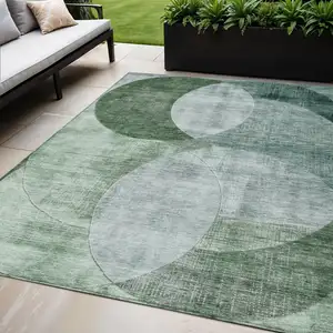 Photo of Mint Green And Fern Green Geometric Washable Indoor Outdoor Area Rug