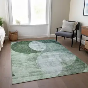 Photo of Mint Green And Fern Green Geometric Washable Indoor Outdoor Area Rug