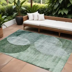 Photo of Mint Green And Fern Green Geometric Washable Indoor Outdoor Area Rug