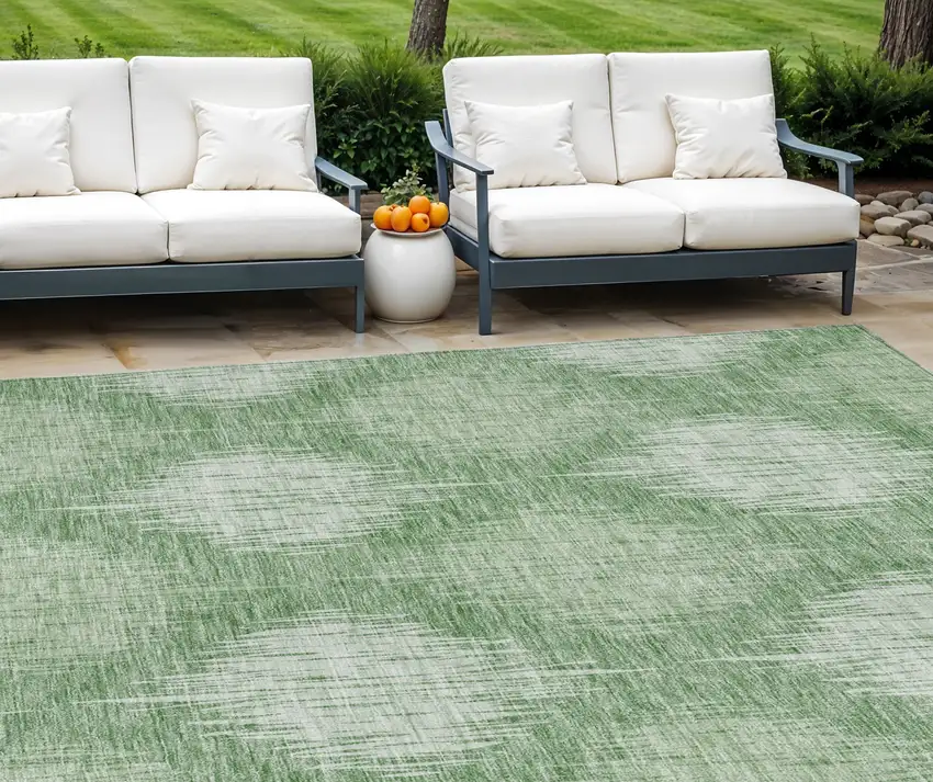 Mint Green And Fern Green Ikat Washable Indoor Outdoor Area Rug Photo 1