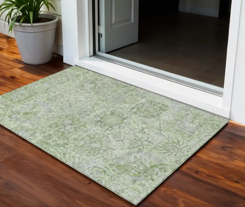 Mint Green And Gray Damask Washable Indoor Outdoor Area Rug Photo 1