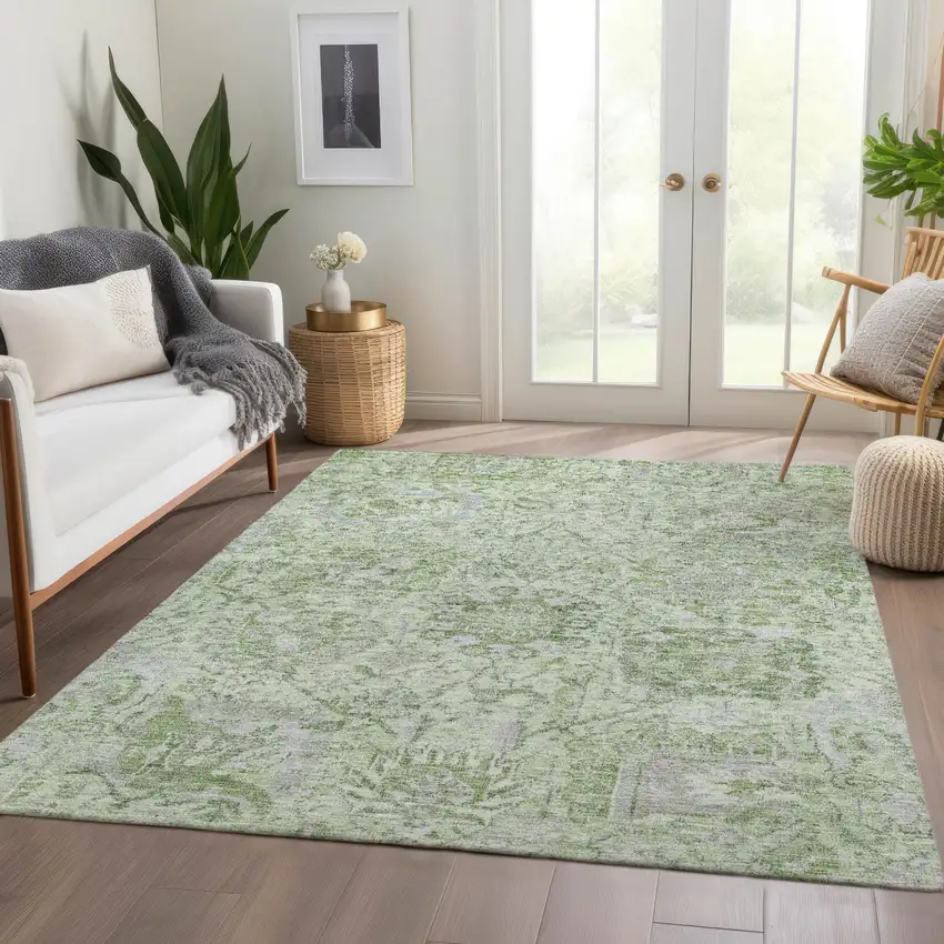 Mint Green And Gray Damask Washable Indoor Outdoor Area Rug Photo 9