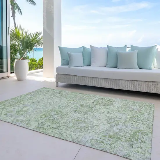 Mint Green And Gray Damask Washable Indoor Outdoor Area Rug Photo 7