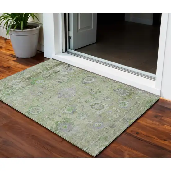 Mint Green And Gray Floral Washable Indoor Outdoor Area Rug Photo 1