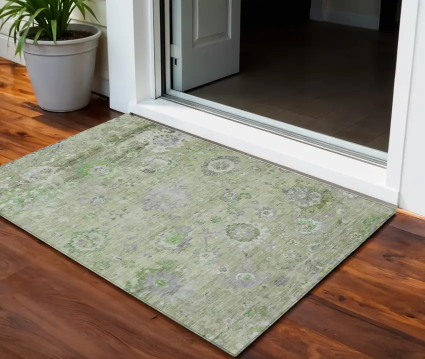 Mint Green And Gray Floral Washable Indoor Outdoor Area Rug Photo 1