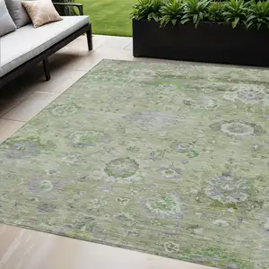 Photo of Mint Green And Gray Floral Washable Indoor Outdoor Area Rug