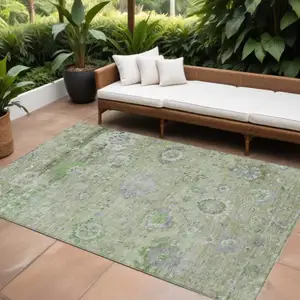 Photo of Mint Green And Gray Floral Washable Indoor Outdoor Area Rug
