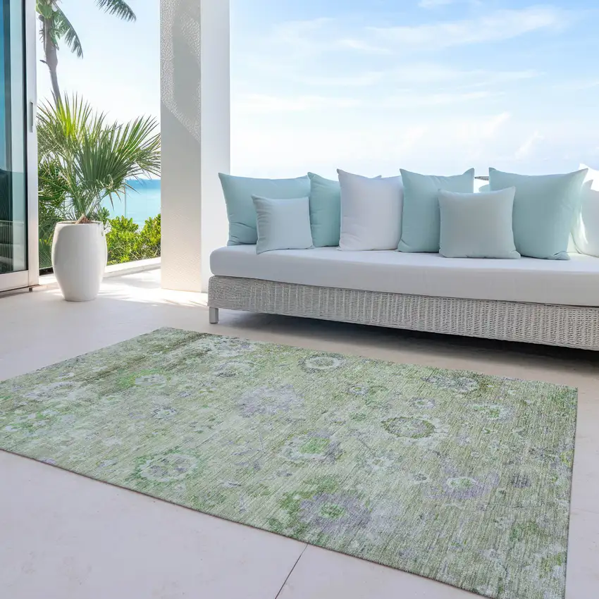 Mint Green And Gray Floral Washable Indoor Outdoor Area Rug Photo 7