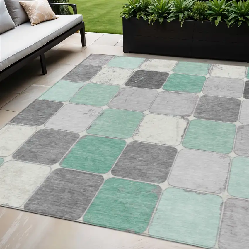 Mint Green And Gray Geometric Washable Indoor Outdoor Area Rug Photo 2