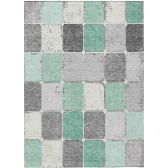 Mint Green And Gray Geometric Washable Indoor Outdoor Area Rug Photo 1