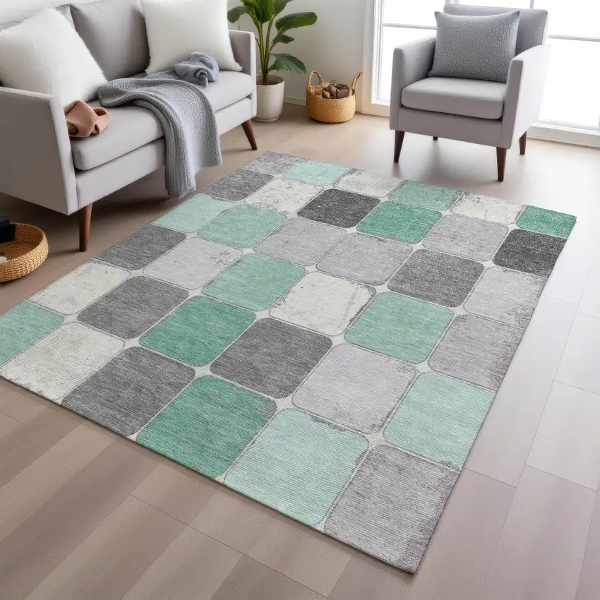 Mint Green And Gray Geometric Washable Indoor Outdoor Area Rug Photo 7