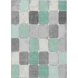 Photo of Mint Green And Gray Geometric Washable Indoor Outdoor Area Rug