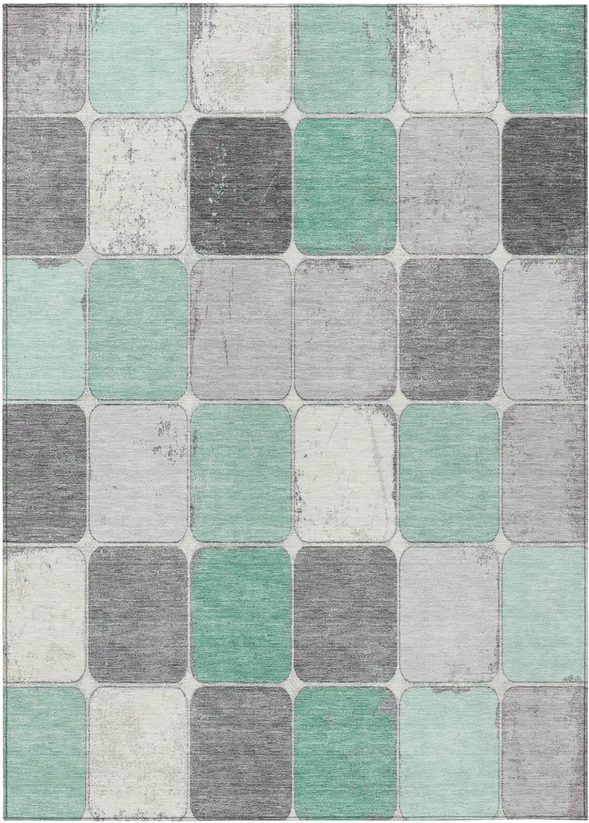 Mint Green And Gray Geometric Washable Indoor Outdoor Area Rug Photo 1