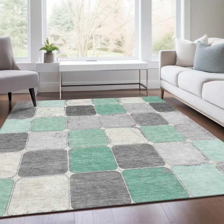 Mint Green And Gray Geometric Washable Indoor Outdoor Area Rug Photo 7