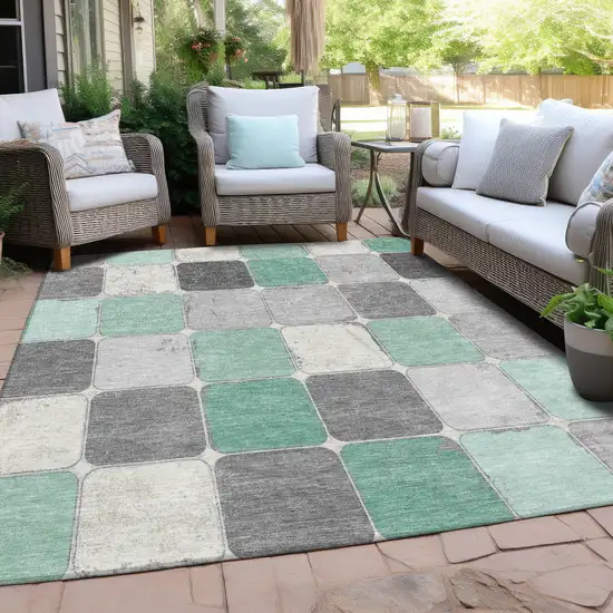 Mint Green And Gray Geometric Washable Indoor Outdoor Area Rug Photo 6