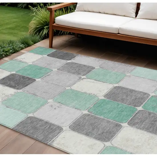 Mint Green And Gray Geometric Washable Indoor Outdoor Area Rug Photo 2