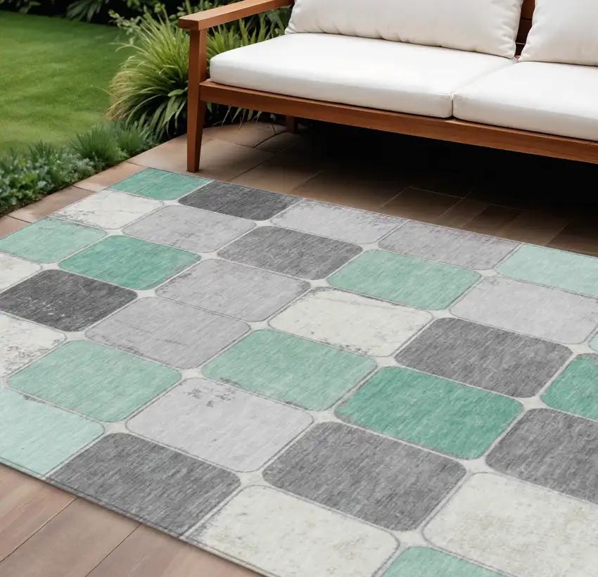 Mint Green And Gray Geometric Washable Indoor Outdoor Area Rug Photo 2