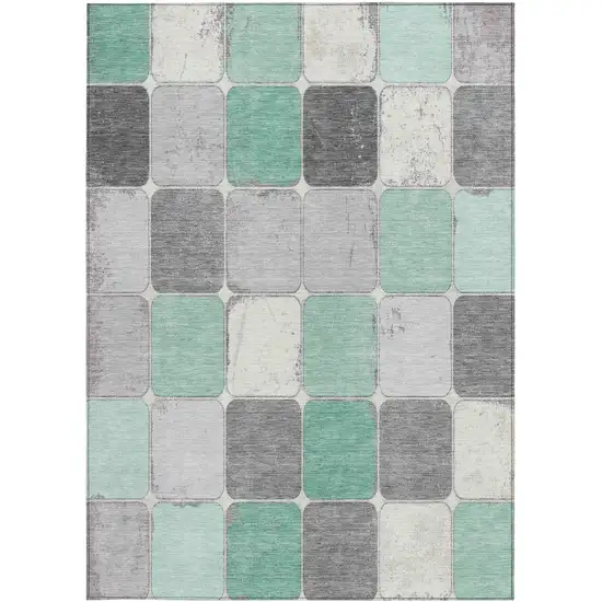 Mint Green And Gray Geometric Washable Indoor Outdoor Area Rug Photo 4