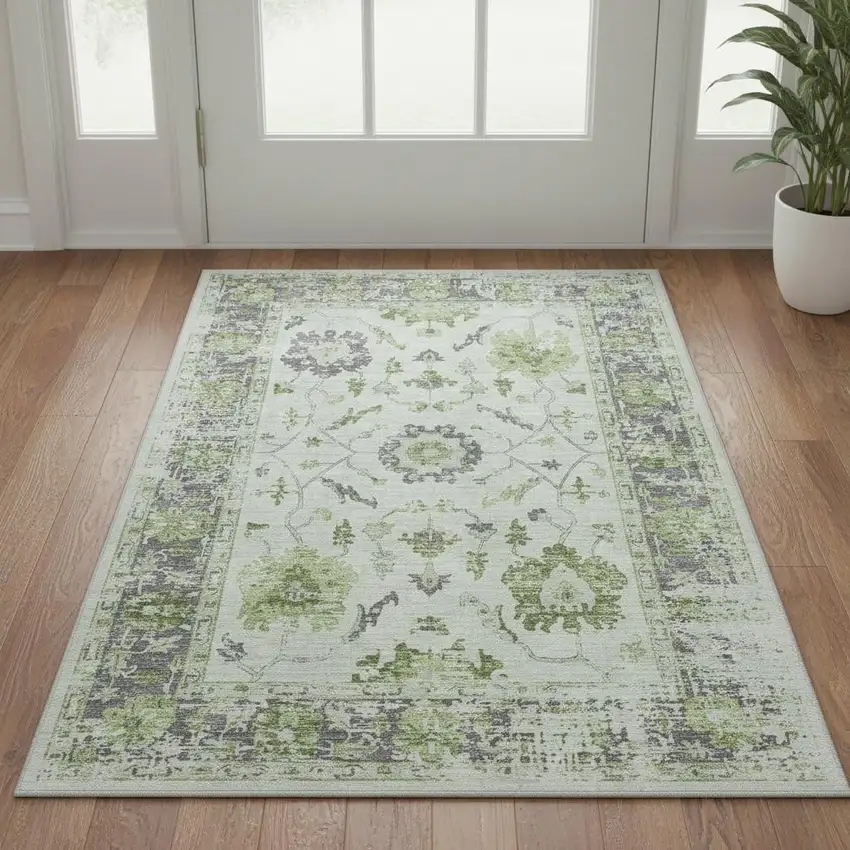 Mint Green And Gray Oriental Washable Area Rug With UV Protection Photo 2