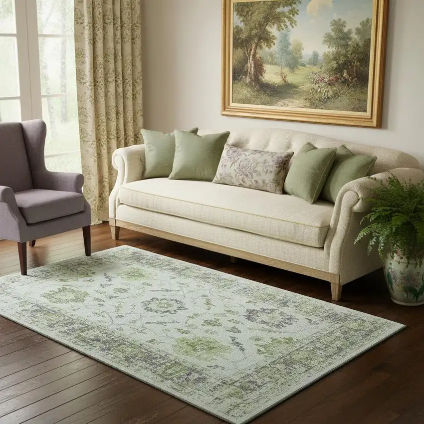 Mint Green And Gray Oriental Washable Area Rug With UV Protection Photo 1