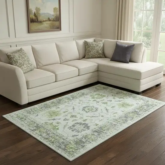 Mint Green And Gray Oriental Washable Area Rug With UV Protection Photo 2