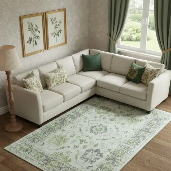 Mint Green And Gray Oriental Washable Area Rug With UV Protection Photo 2