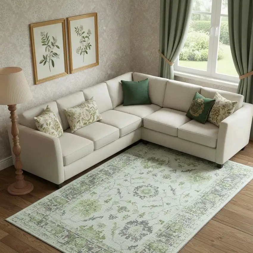 Mint Green And Gray Oriental Washable Area Rug With UV Protection Photo 2