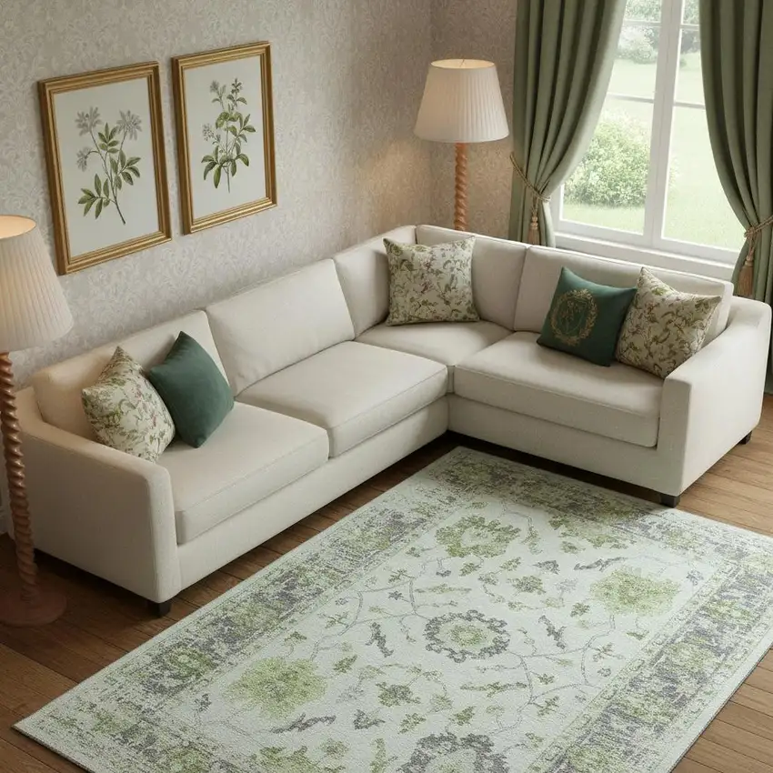 Mint Green And Gray Oriental Washable Area Rug With UV Protection Photo 2